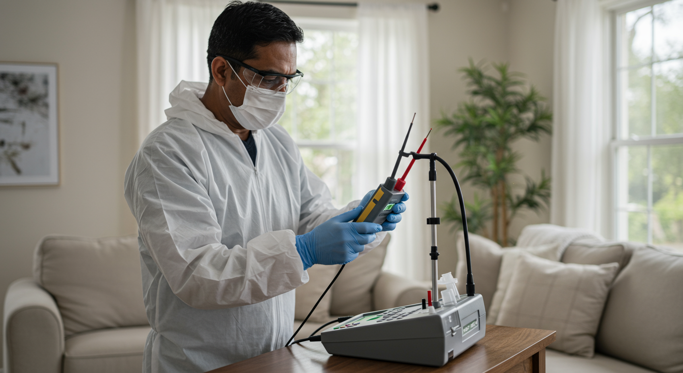 A mold specialist conducting air quality testing in a home, using specialized equipment to measure mold spores in the air.