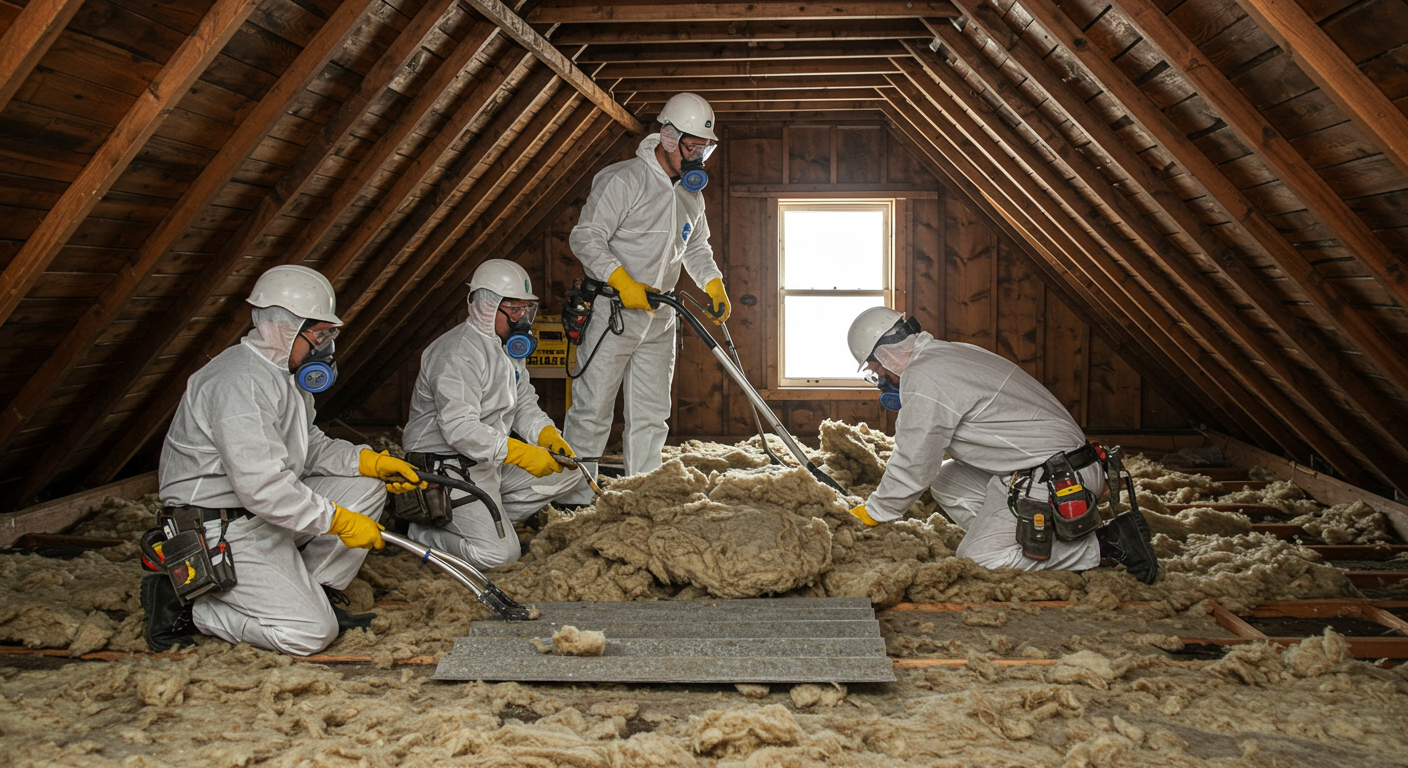 A professional team in protective gear carefully removing asbestos insulation from a residential attic.