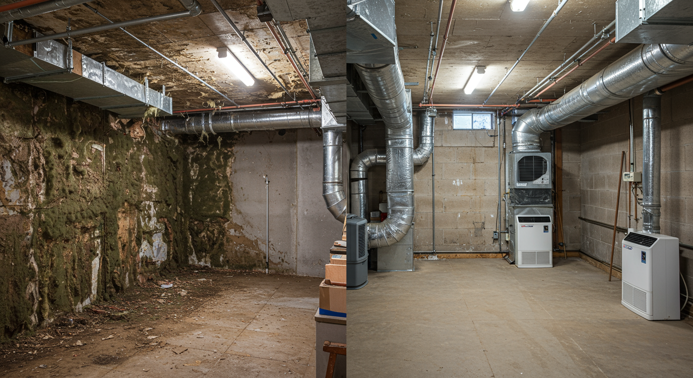A well-lit basement showing a before-and-after scenario of mold remediation. The left side displays a mold-infested area, while the right side shows a clean, dry space with dehumidifiers and ventilation systems in place.