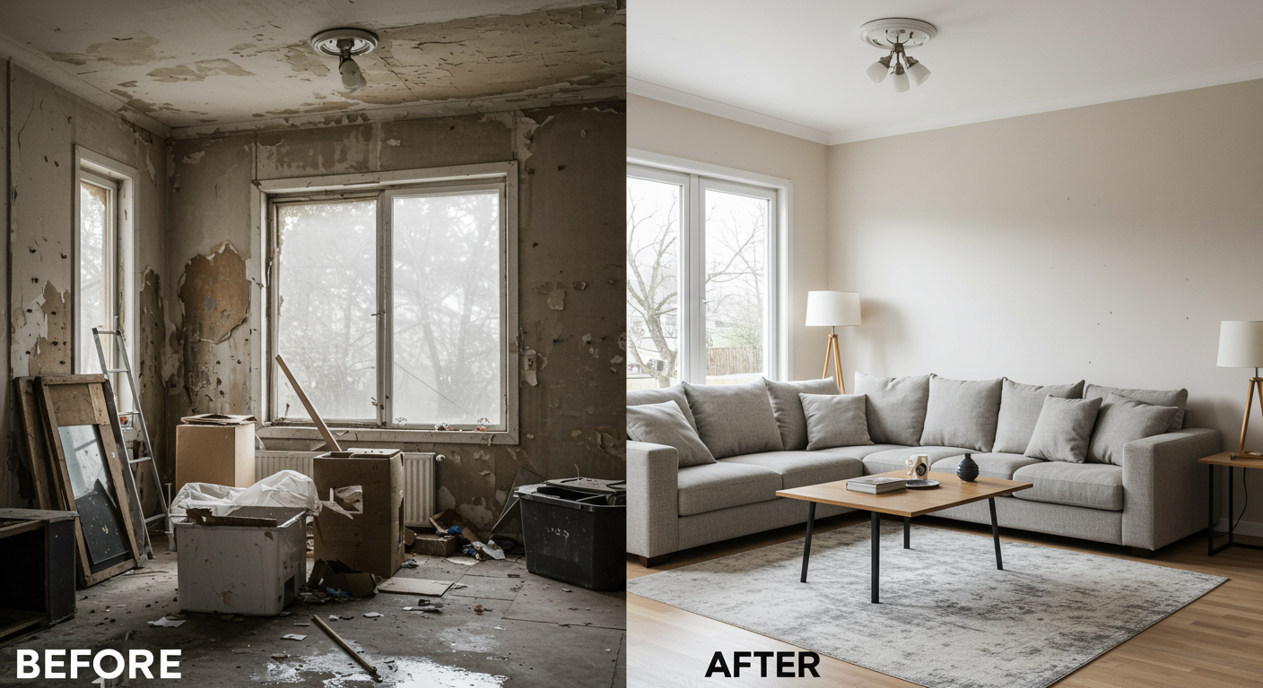 A split image showcasing a living room before and after restoration. The left side shows water damage and clutter, while the right side displays a beautifully restored and clean space.