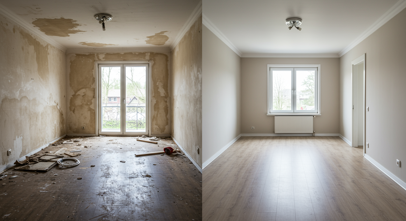 A split image showing a room before water removal (flooded and damaged) and after restoration (clean and dry).