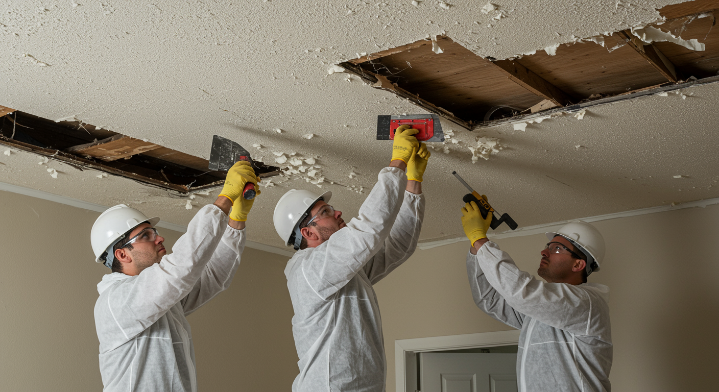 A professional team in safety gear carefully removing popcorn ceiling texture. The focus is on the teamwork and tools used, with a partially removed ceiling in the background.