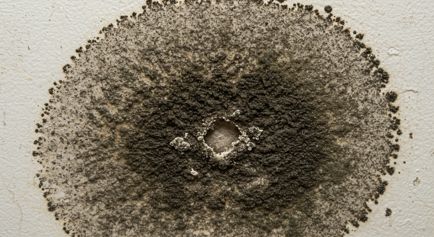 A close-up shot of black mold growing on a bathroom wall, highlighting the texture and color of the mold. The image captures the severity of mold infestation.