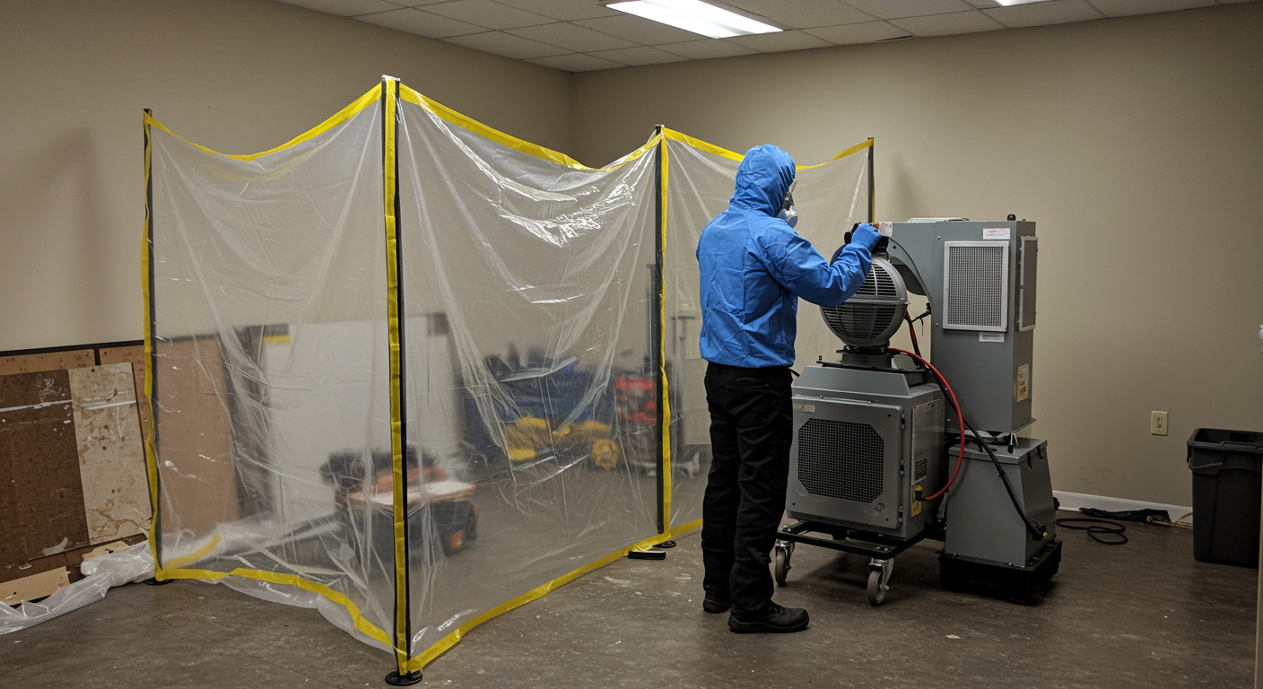 A scene depicting a mold remediation team setting up containment barriers with plastic sheeting. Air filtration devices are visible, highlighting the safety measures taken during the mitigation process.