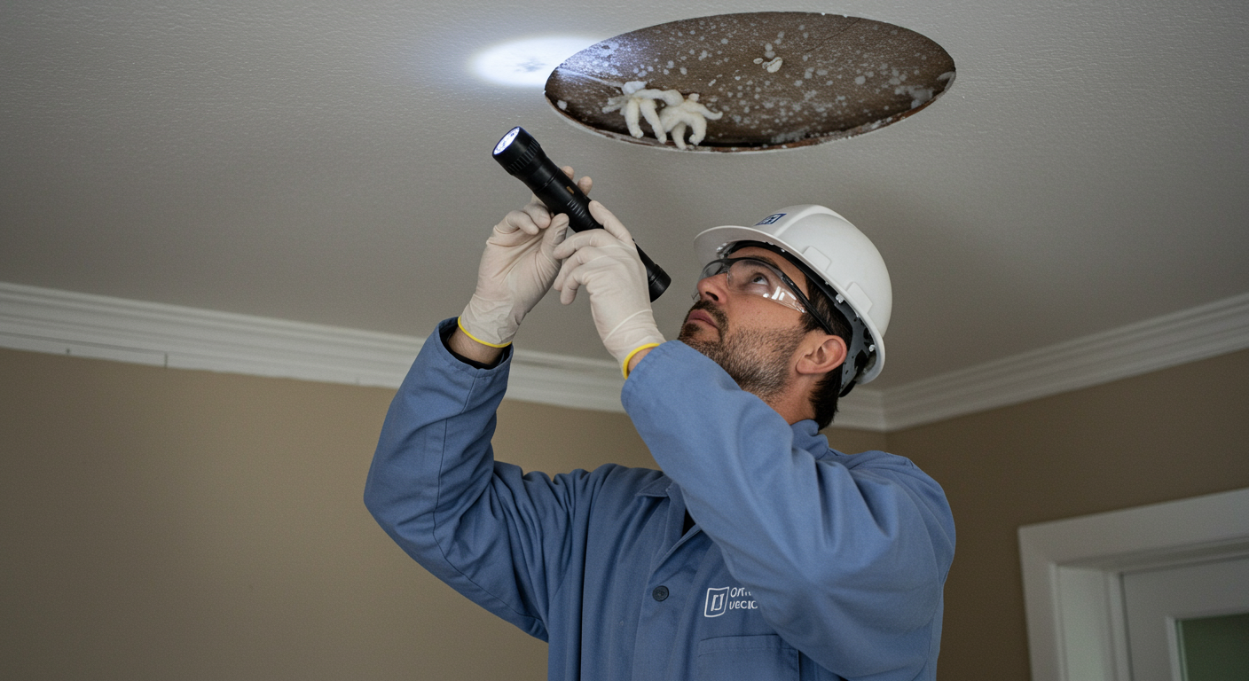 A professional mold inspector examining a ceiling with a flashlight, looking for signs of mold growth.