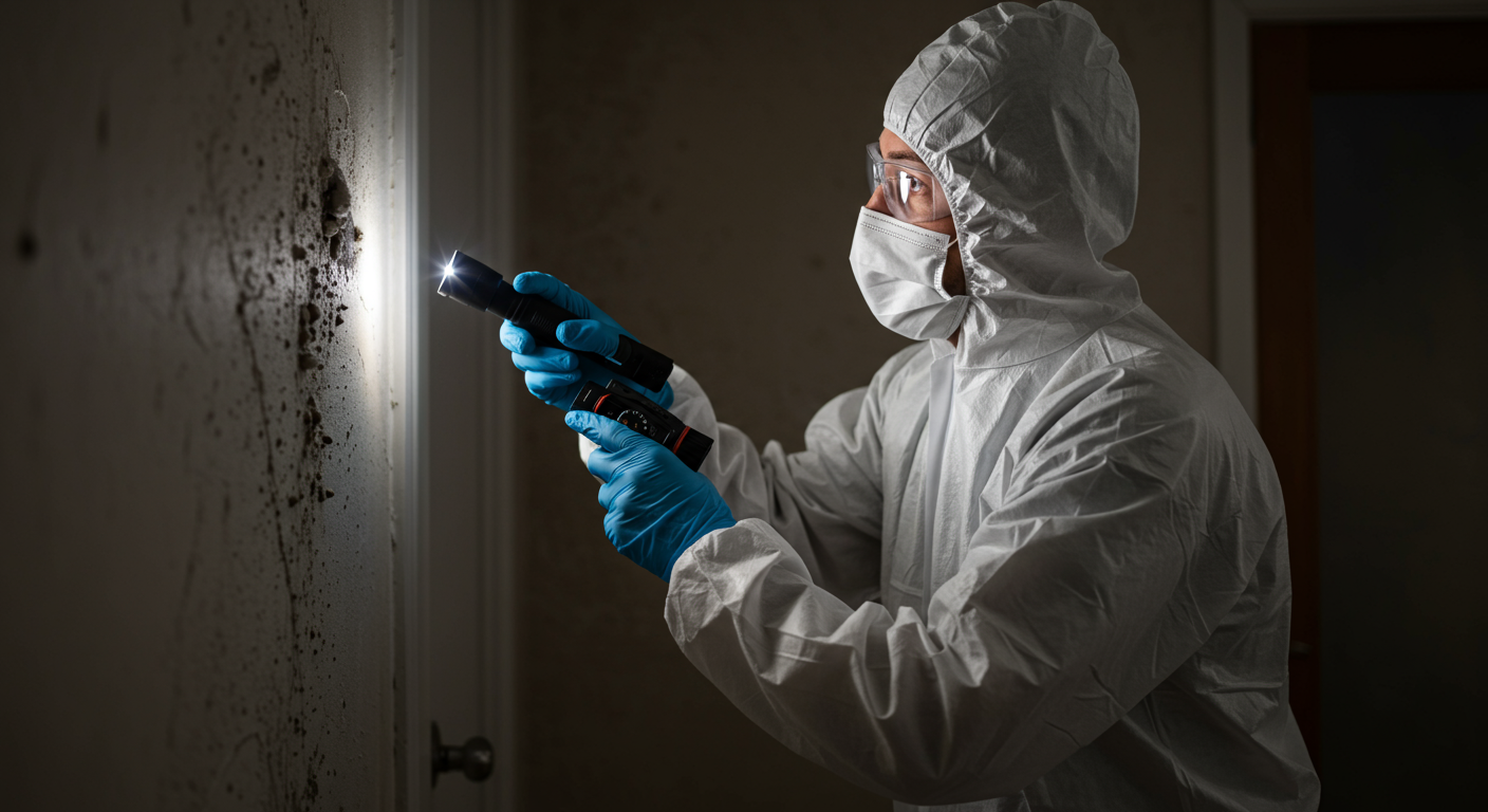 A professional wearing protective gear inspecting a home for mold. The focus is on the inspector examining a wall with a flashlight, highlighting potential mold growth.