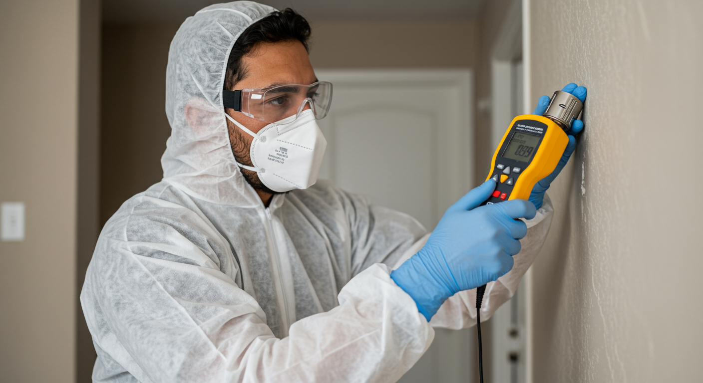 A certified mold inspector wearing protective gear examines a wall with a moisture meter, highlighting the inspection process.