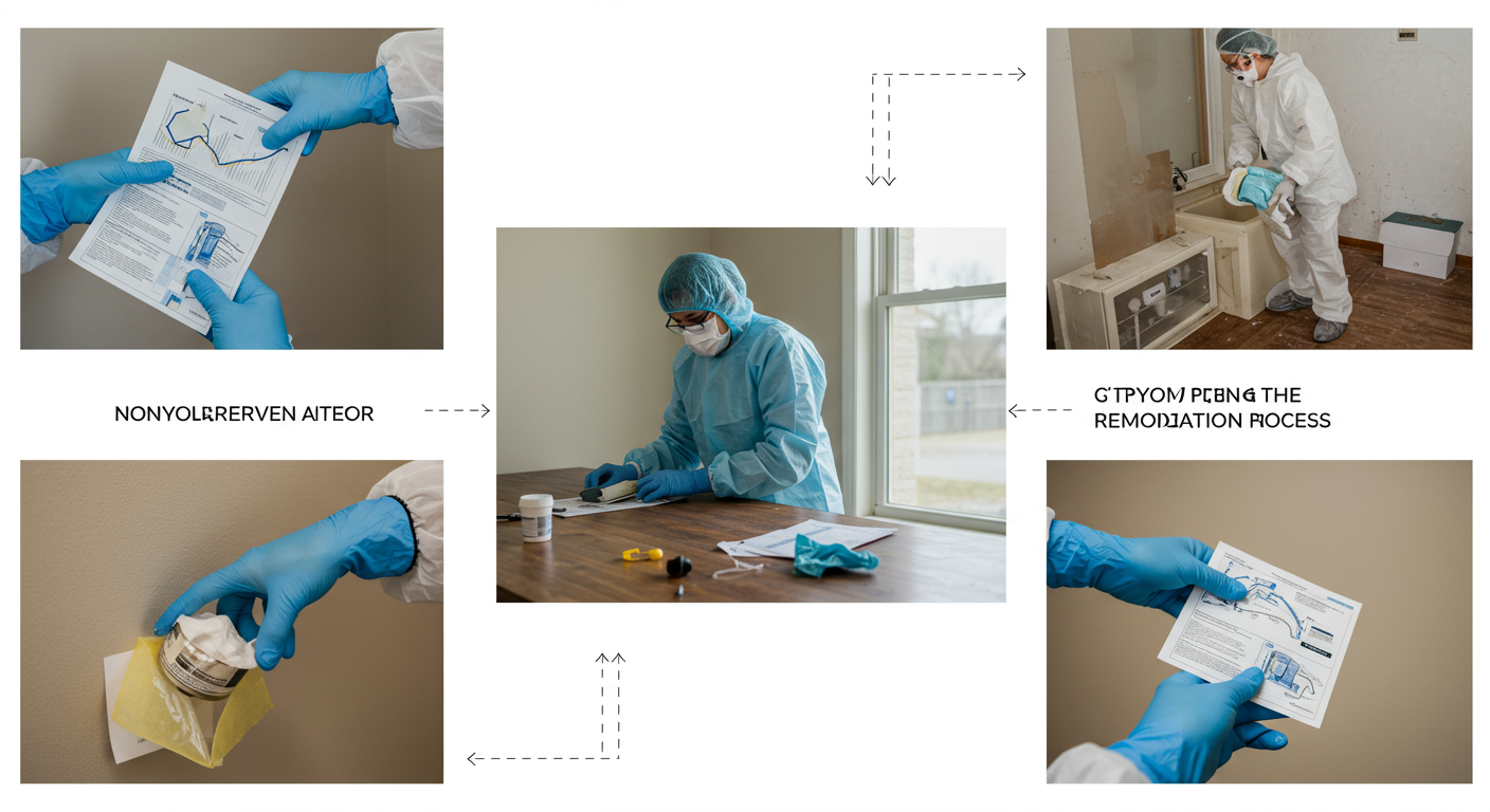 A step-by-step visual representation of the mold remediation process, with images of containment, removal, and cleaning in a collage format.