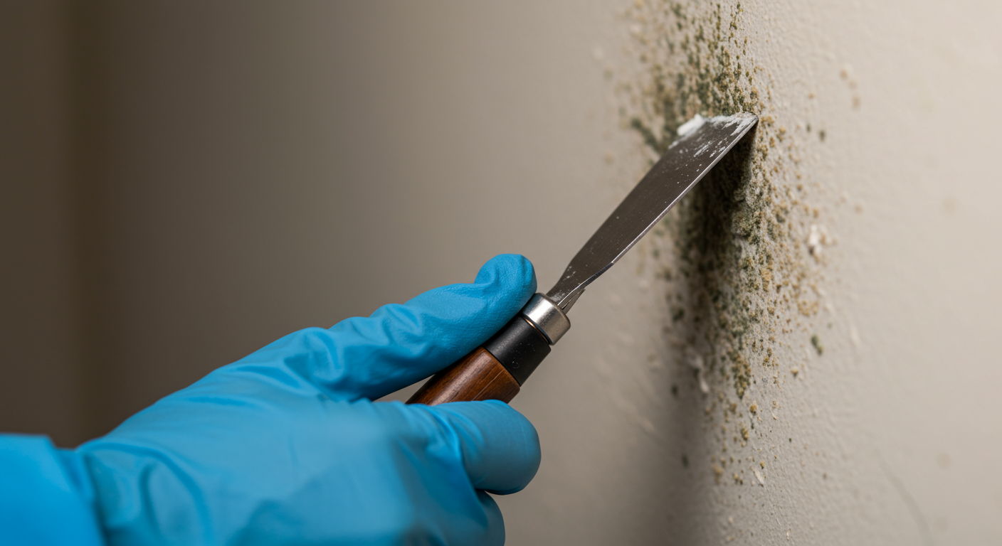 A close-up of mold being removed from a wall during the remediation process. The image captures the technician carefully scraping off the mold, with safety equipment visible, emphasizing the importance of safety in mold removal.