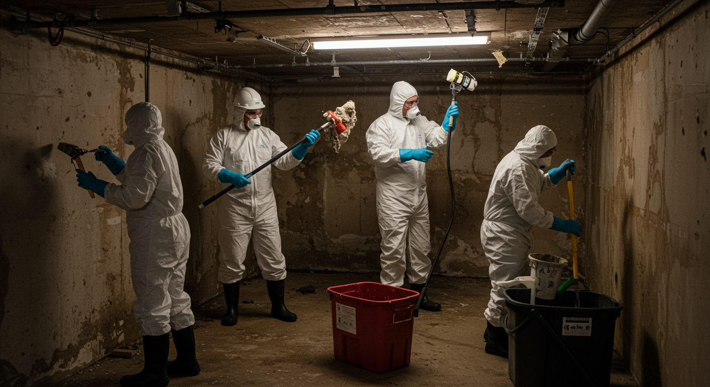 A team of professionals in protective gear actively removing mold from a basement. The image captures the teamwork and diligence involved in the remediation process.