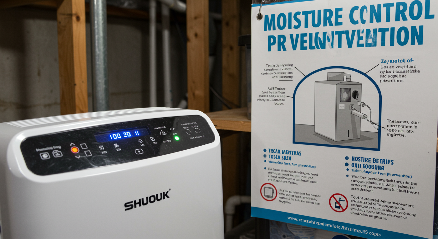 A close-up of a dehumidifier in a well-lit basement, with moisture control tips displayed on a nearby wall. The setting is clean and organized, emphasizing a proactive approach to mold prevention.