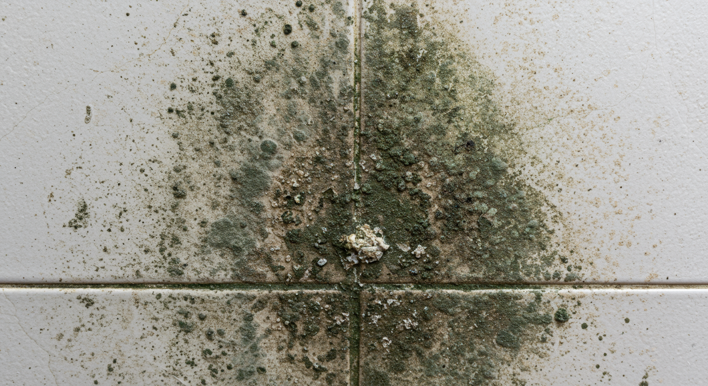 A close-up of a bathroom wall with visible mold growth, alongside a water-damaged area, emphasizing the signs of mold infestation and the need for remediation.