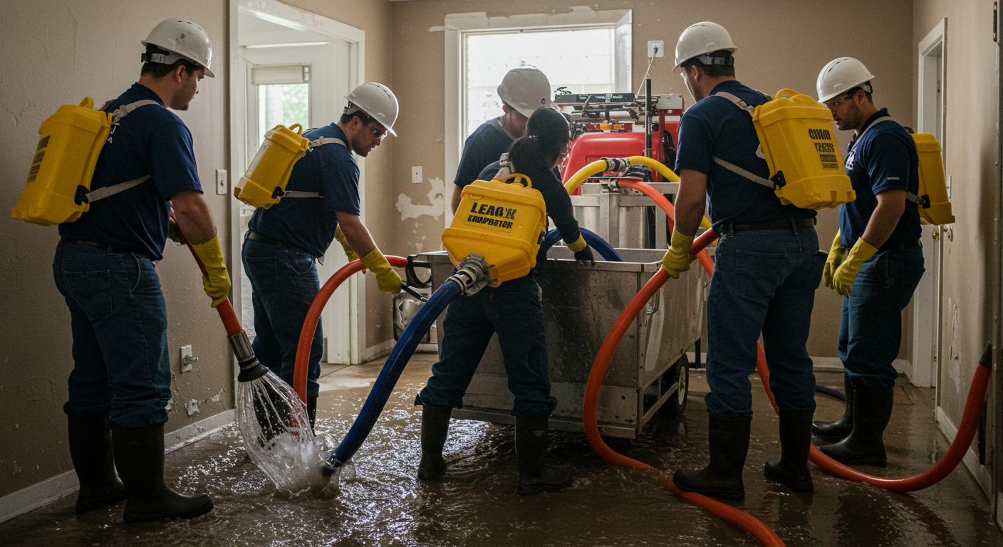 A team of restoration professionals actively working together to extract water from a flooded area.