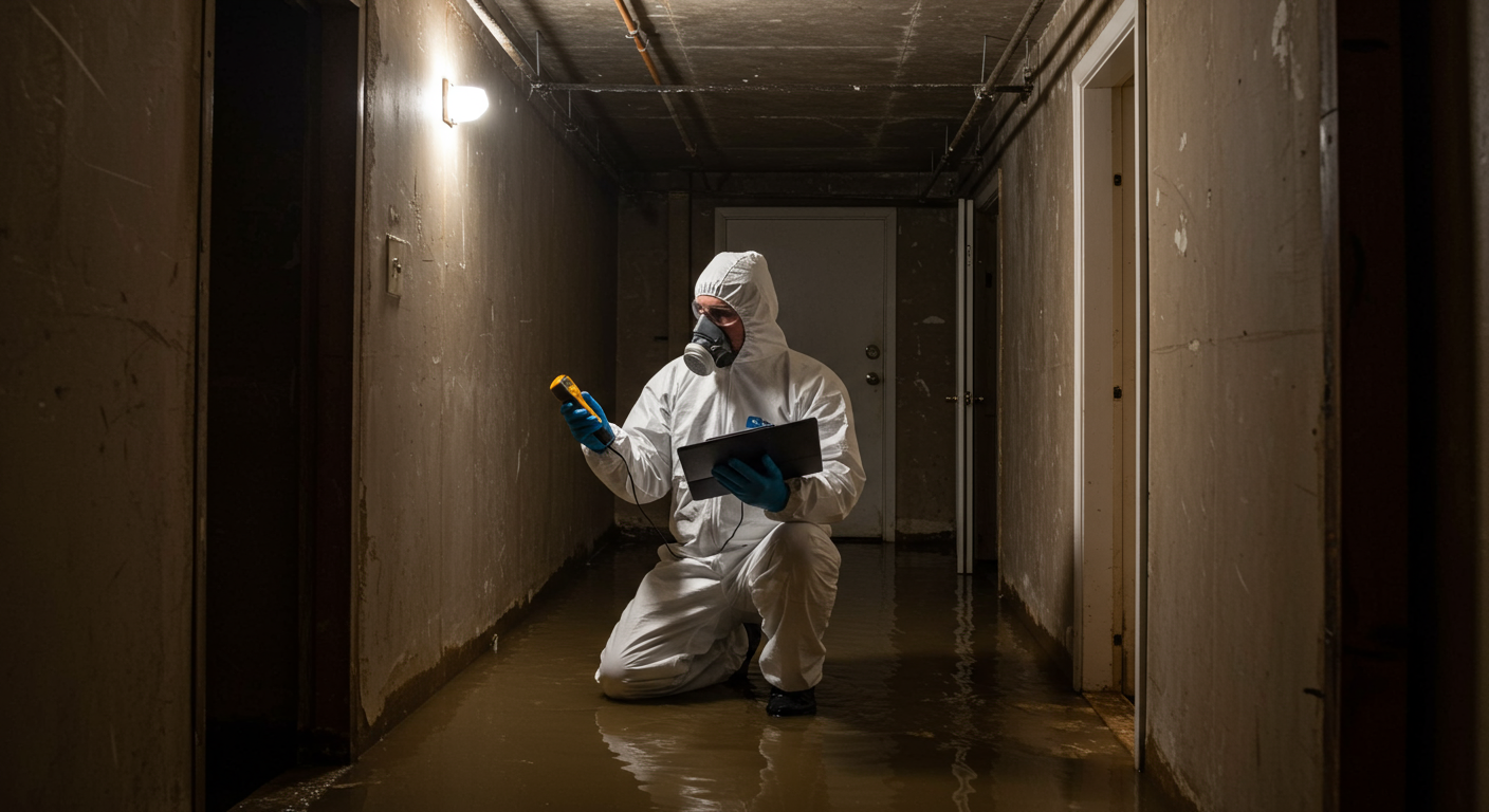 A professional restoration technician in a protective suit inspecting a flooded basement. The image captures the technician using a moisture meter, highlighting the assessment phase of water damage restoration.