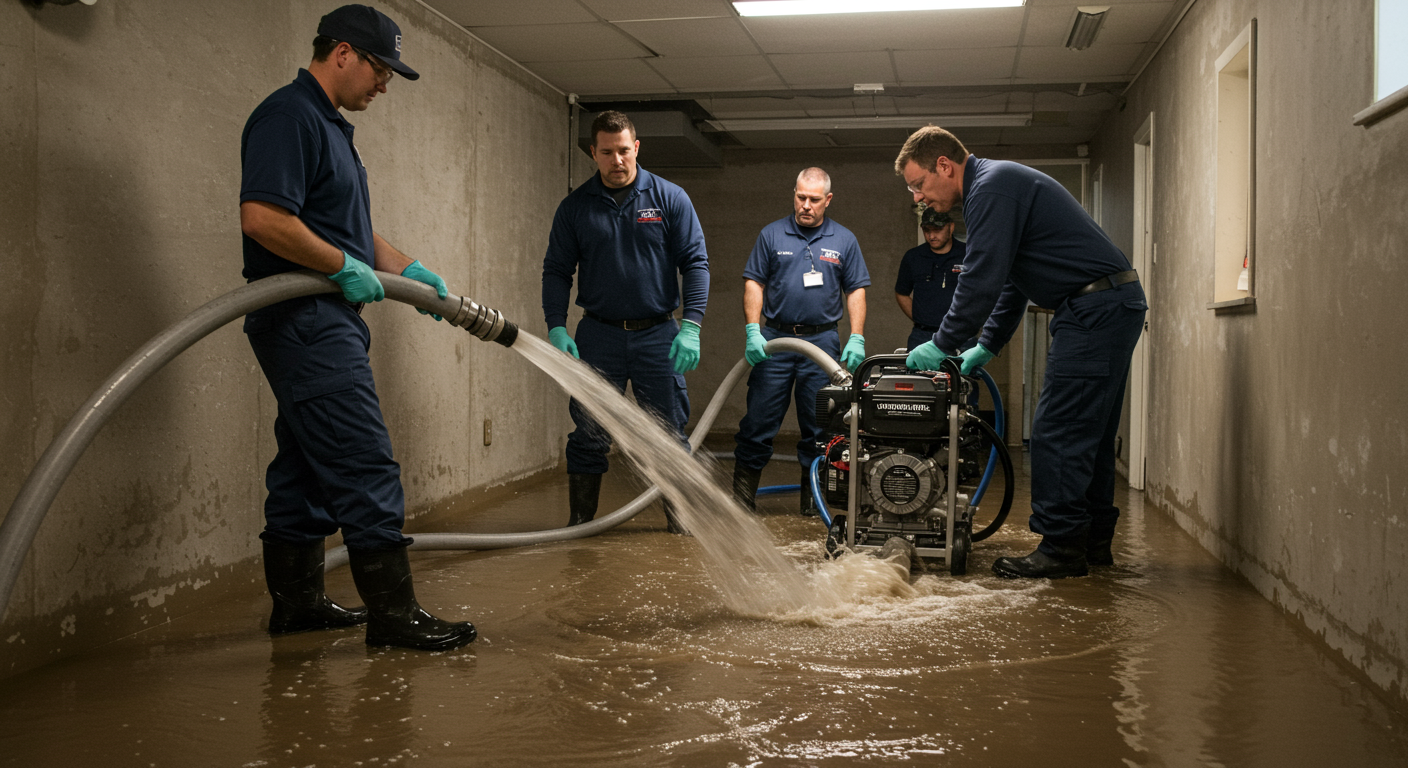 A team of professional technicians in uniform actively extracting water from a flooded residential basement. The focus is on the high-tech equipment being used, such as water pumps and hoses.