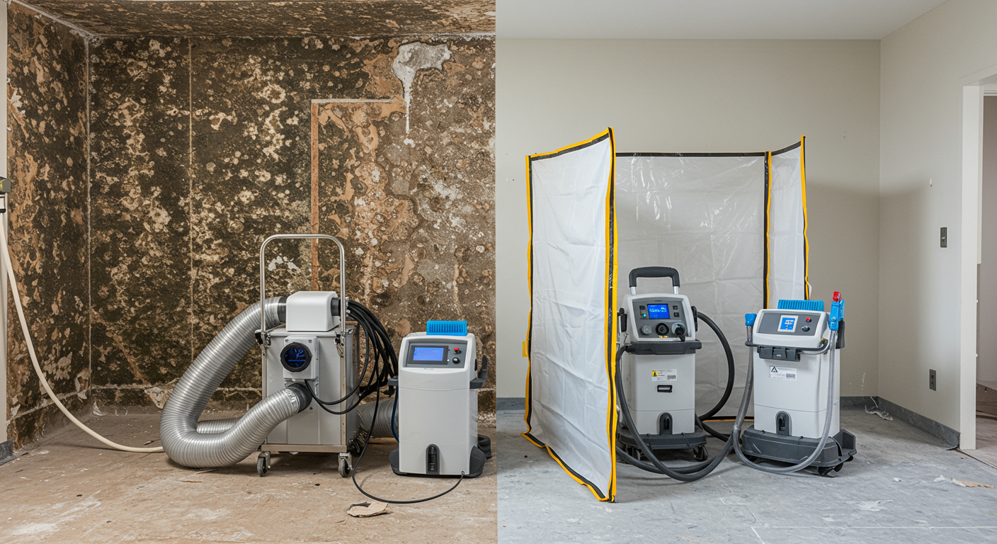 A detailed view of high-tech mold remediation tools, including air scrubbers, dehumidifiers, and containment barriers. The equipment is set up in a partially treated room with visible mold patches on one side and a clean, drying area on the other.