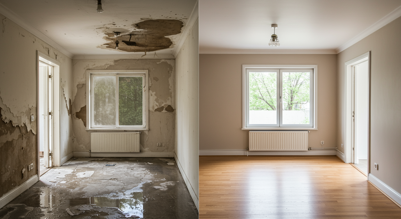 A split image showing a room before and after water damage restoration. The left side depicts water damage, while the right side shows a beautifully restored space.