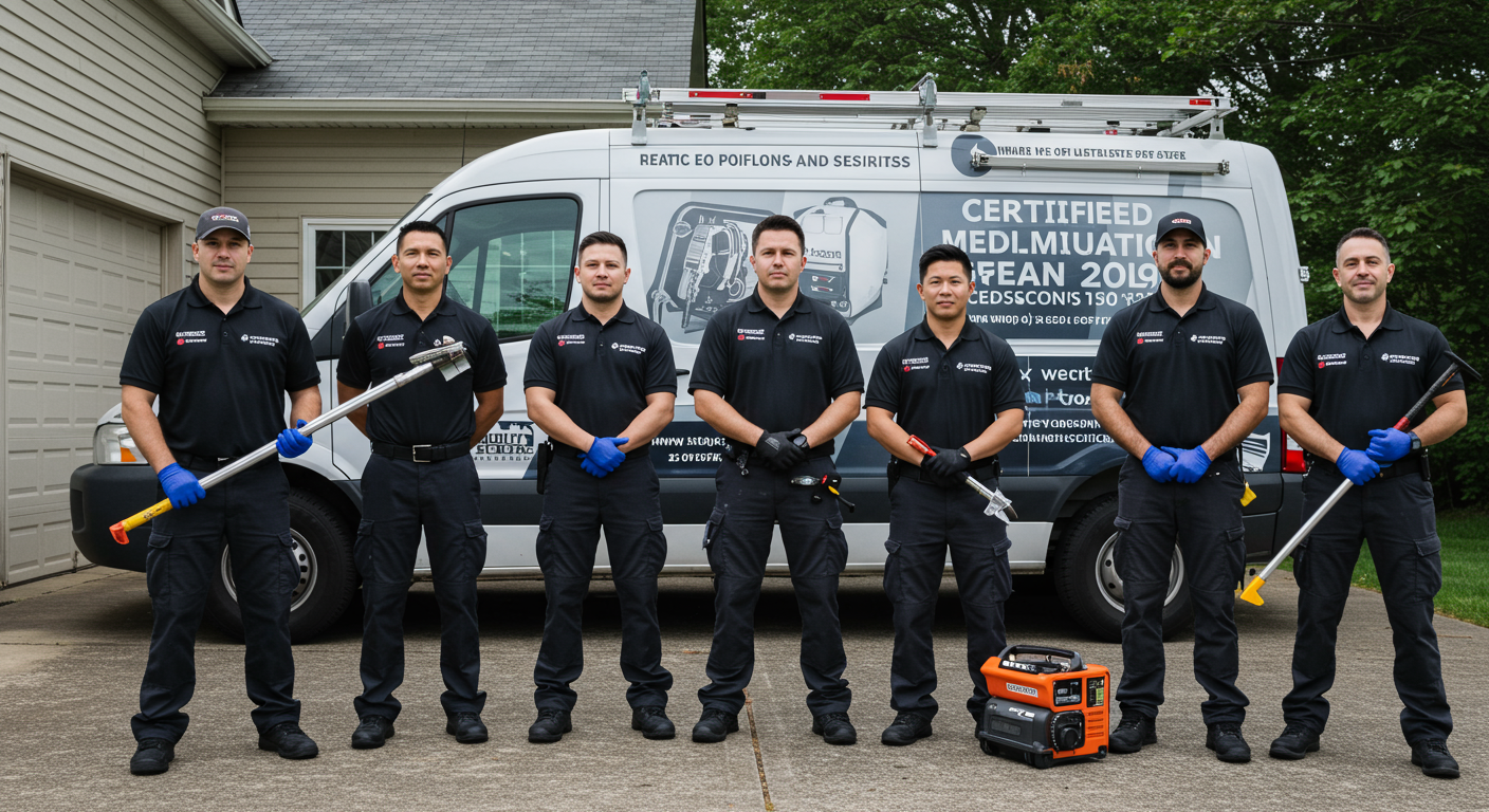 A professional team of certified mold remediation technicians posing in front of their branded service van with tools and equipment. The background features a clean and restored home exterior, emphasizing trust and expertise.