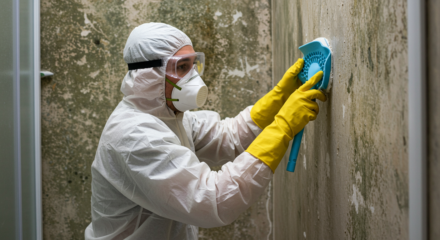 A homeowner in protective gear actively scrubbing a wall with visible mold patches.