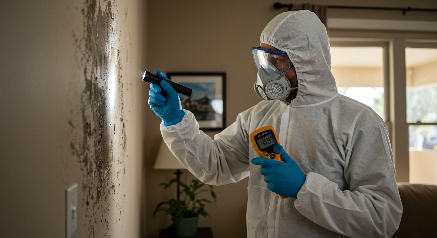A professional mold remediation expert inspecting a mold-affected wall in a San Jose home.