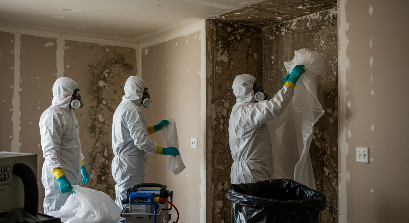 A team of certified mold remediation professionals in protective suits and masks, carefully removing moldy drywall in a San Diego home. Equipment like air scrubbers and sealed bags for disposal are visible.