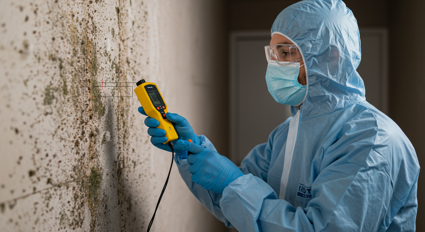 A professional mold inspector examining a wall with a moisture meter, highlighting areas affected by mold. The inspector is wearing protective gear, emphasizing safety and professionalism.