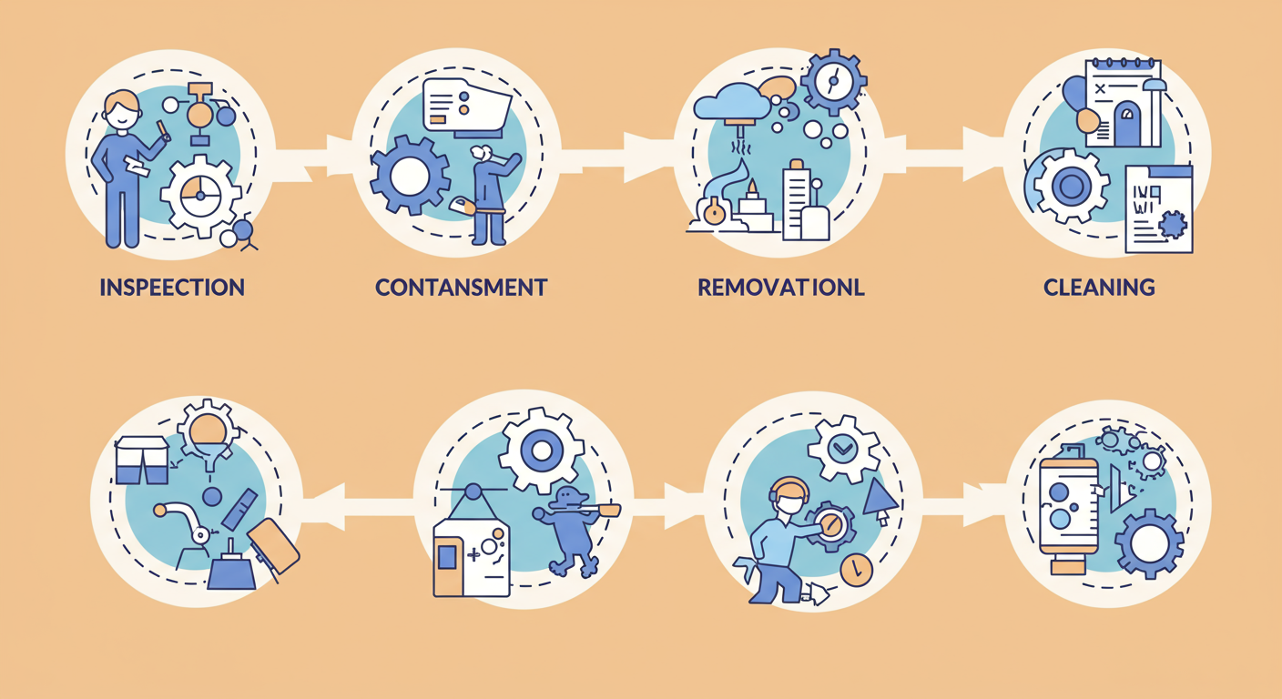 A visually appealing infographic showing the key steps of the mold remediation process: inspection, containment, removal, cleaning, and restoration.