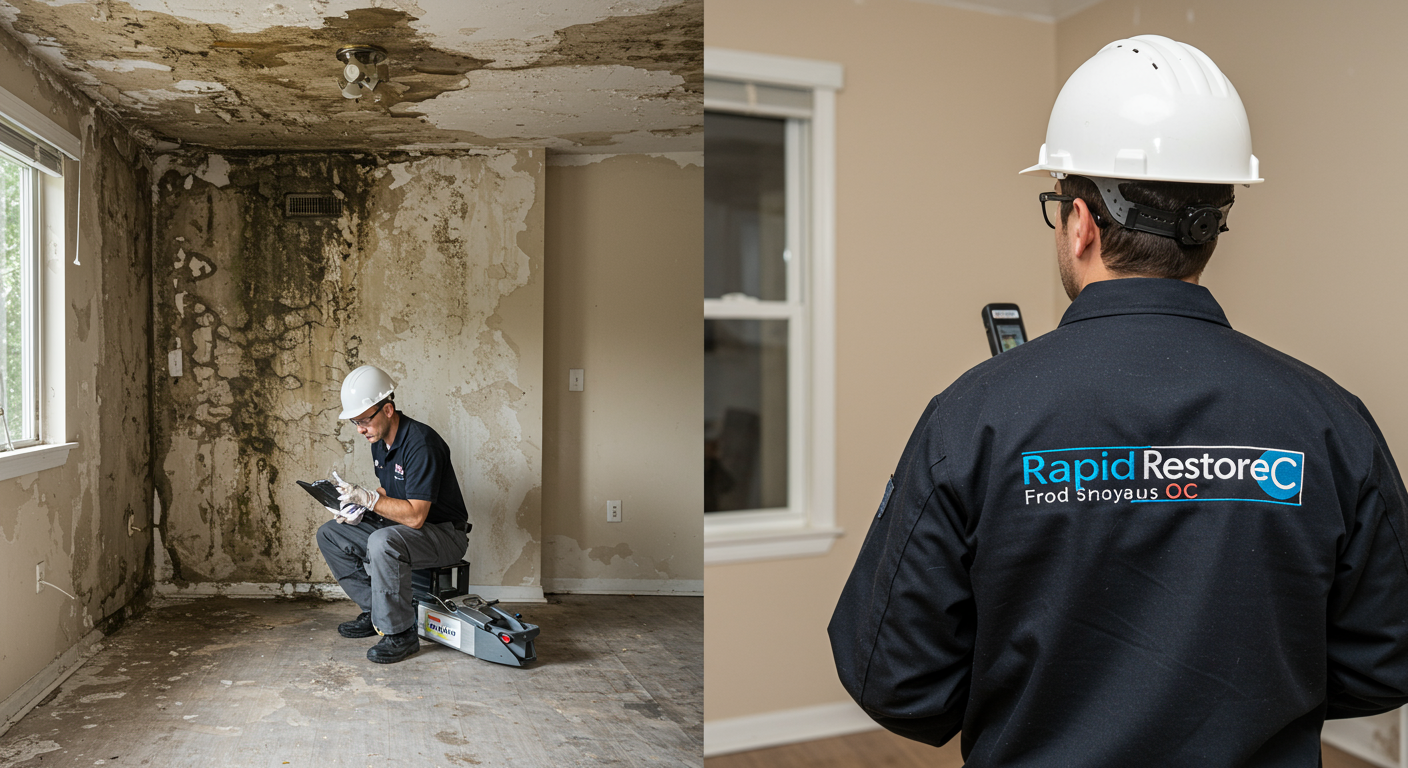 A before-and-after image of a mold-infested room transformed into a clean and restored living space, with the Rapid Restore OC logo subtly visible on a worker's uniform.