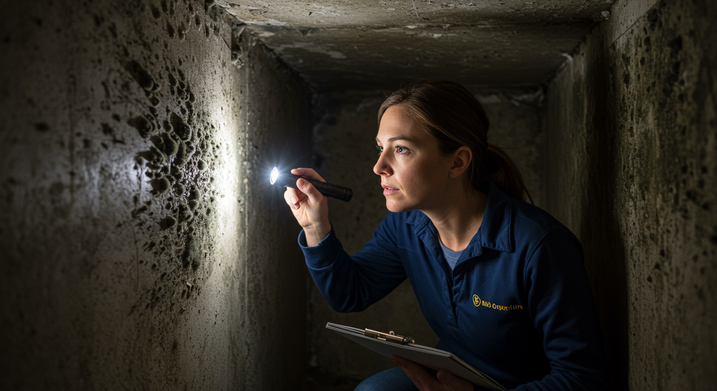 A professional mold inspector using a flashlight to examine mold growth in a corner of a basement.