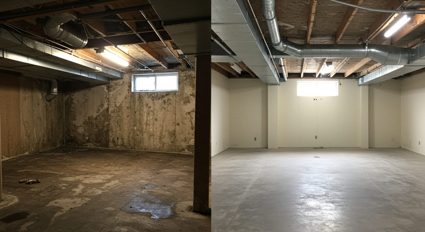 A split image showing a basement before mold cleaning (dark and moldy) and after (clean and bright), emphasizing the transformation