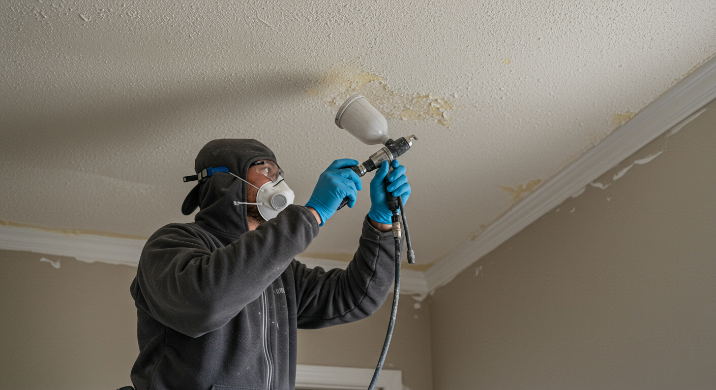 A skilled contractor wearing protective gear, actively removing popcorn texture from a ceiling using a spray tool. The background shows a partially covered floor with drop cloths, emphasizing the work in progress.