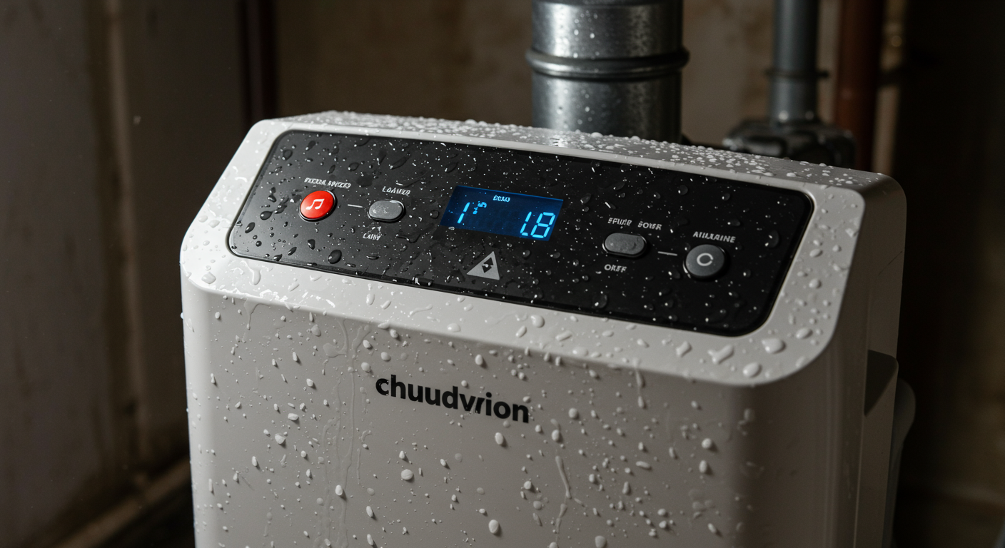 A close-up of a dehumidifier in a basement environment, with visible moisture on the walls. The image captures the device's controls and the surrounding dampness, highlighting its role in mold prevention.