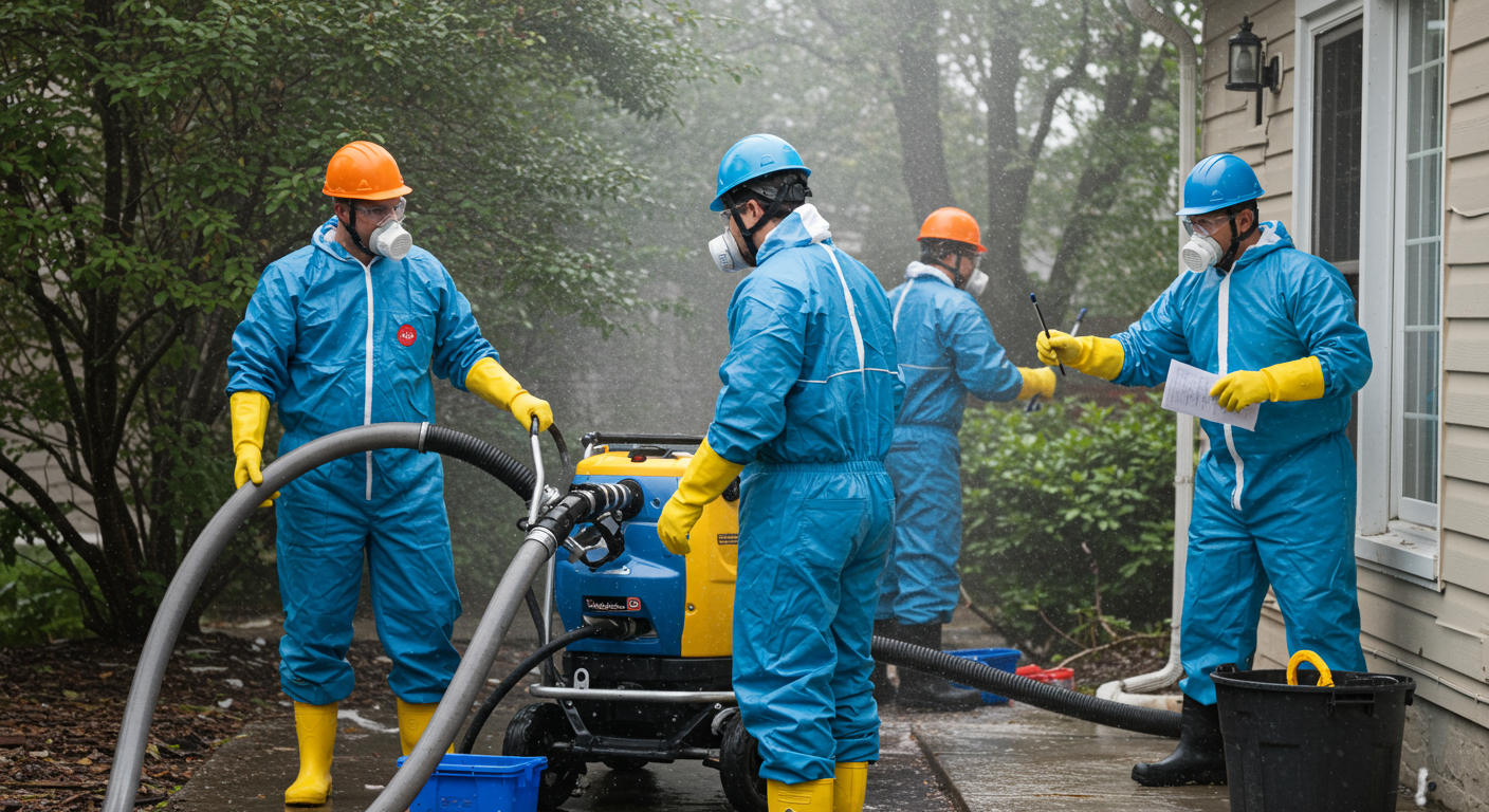 A team of restoration professionals in protective gear actively working to address a water leak in a residential setting. They are using specialized equipment to extract water and assess damage.