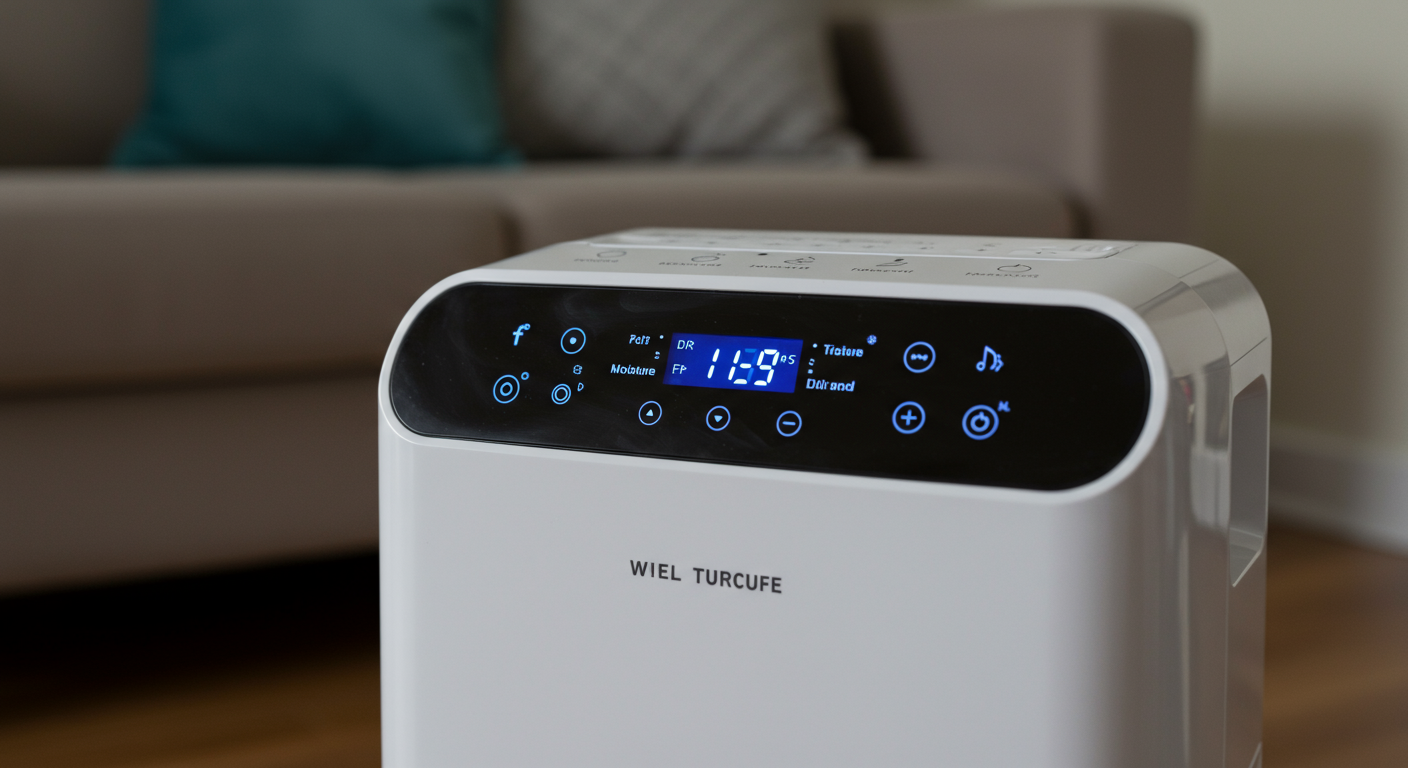 A close-up of a dehumidifier in a living room, with visible moisture levels displayed on a digital screen, emphasizing the importance of moisture control in preventing mold growth.