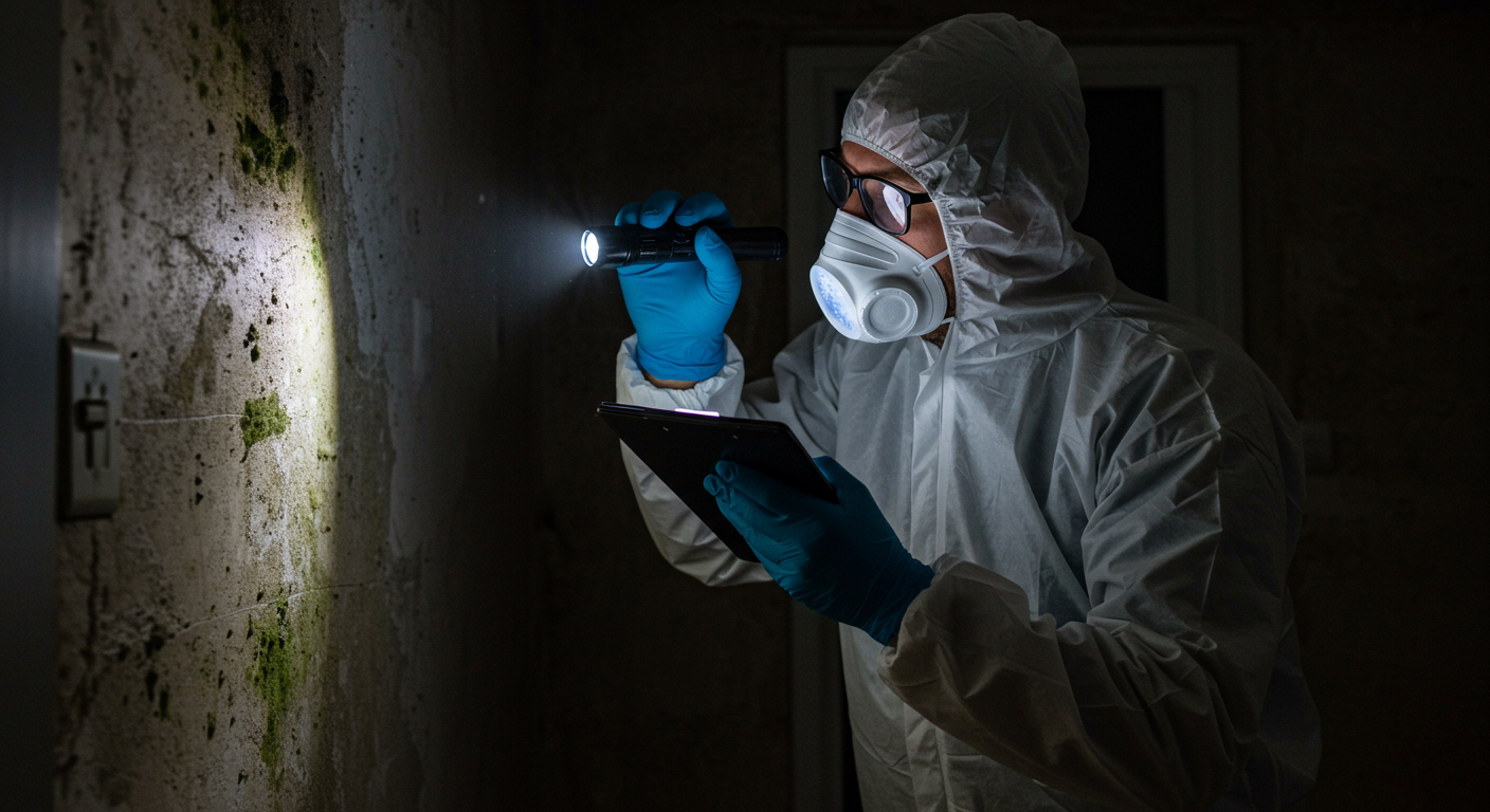 A professional mold inspector examining a home with a flashlight, looking for signs of mold in a dark corner. The inspector is wearing protective gear, highlighting the seriousness of the task.