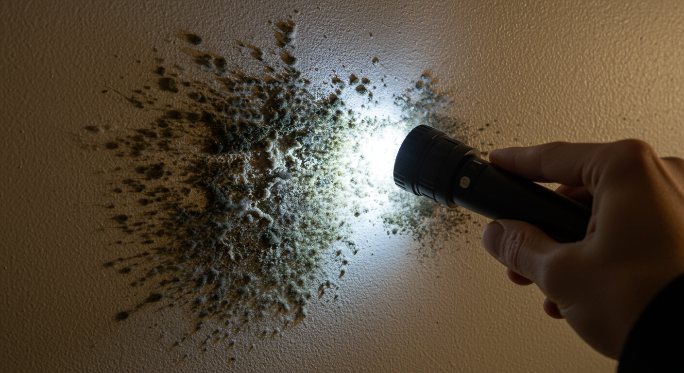 A close-up shot of a homeowner inspecting a damp wall with a flashlight, revealing visible mold patches.