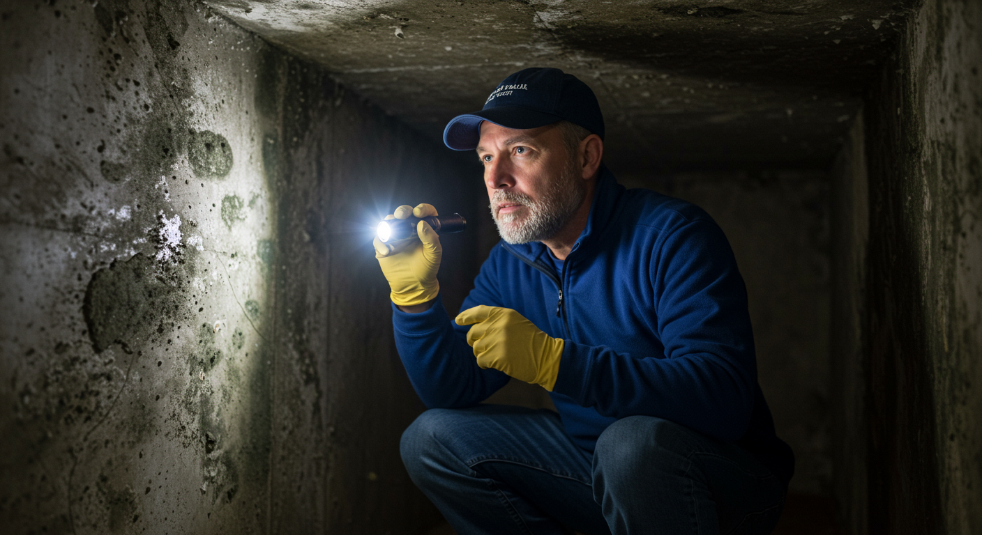 A professional mold removal expert inspecting a home with a flashlight, highlighting areas with visible mold growth on walls and ceilings.