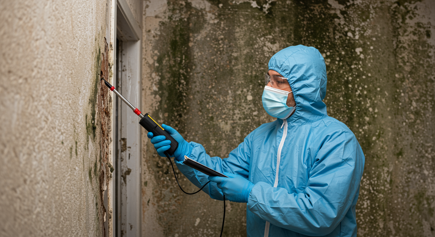 A professional mold inspector wearing protective gear examines a wall with visible mold growth. The inspector is using a moisture meter to assess the extent of the mold damage.