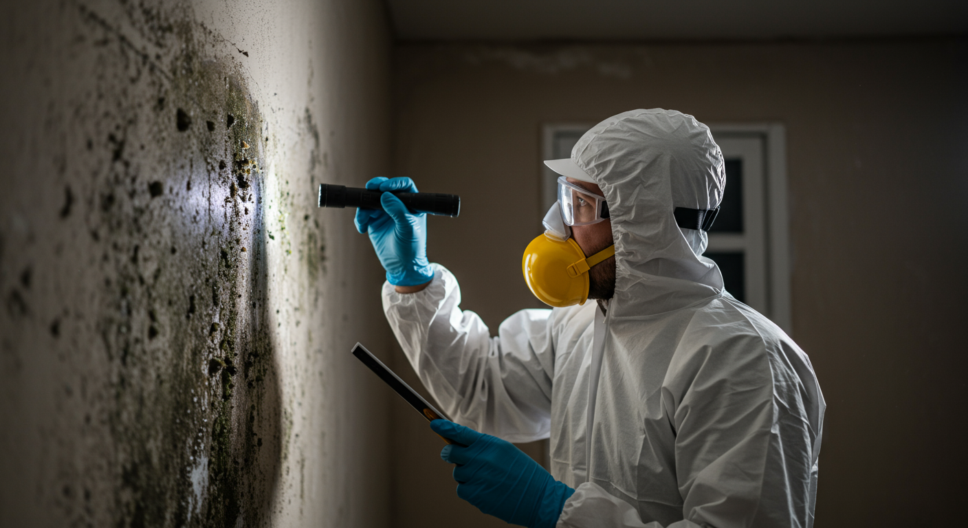 A professional mold inspector wearing protective gear examines a wall for signs of black mold.