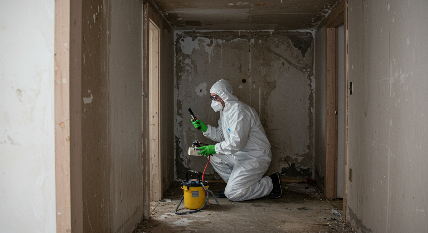 A contractor in protective gear working on mold remediation in a damp area of a home. The image emphasizes the importance of addressing mold issues as part of water damage restoration.