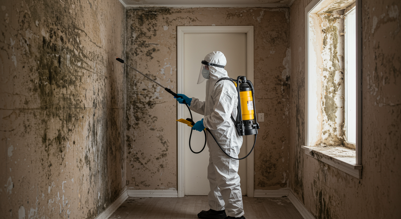 A professional wearing protective gear inspecting and treating an area affected by mold.