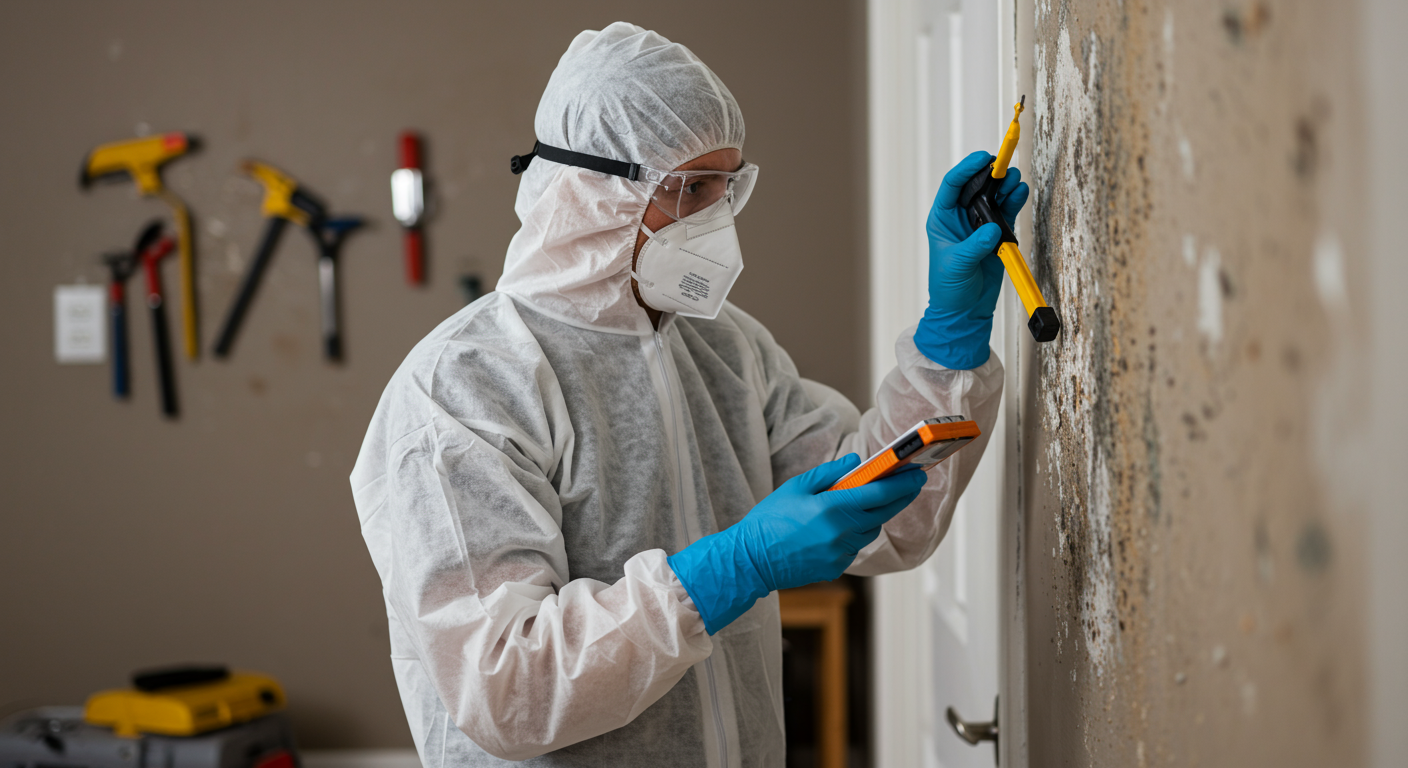 A technician in protective gear inspecting a wall for mold growth in a residential setting. The background shows the tools used for mold remediation, emphasizing safety and professionalism.