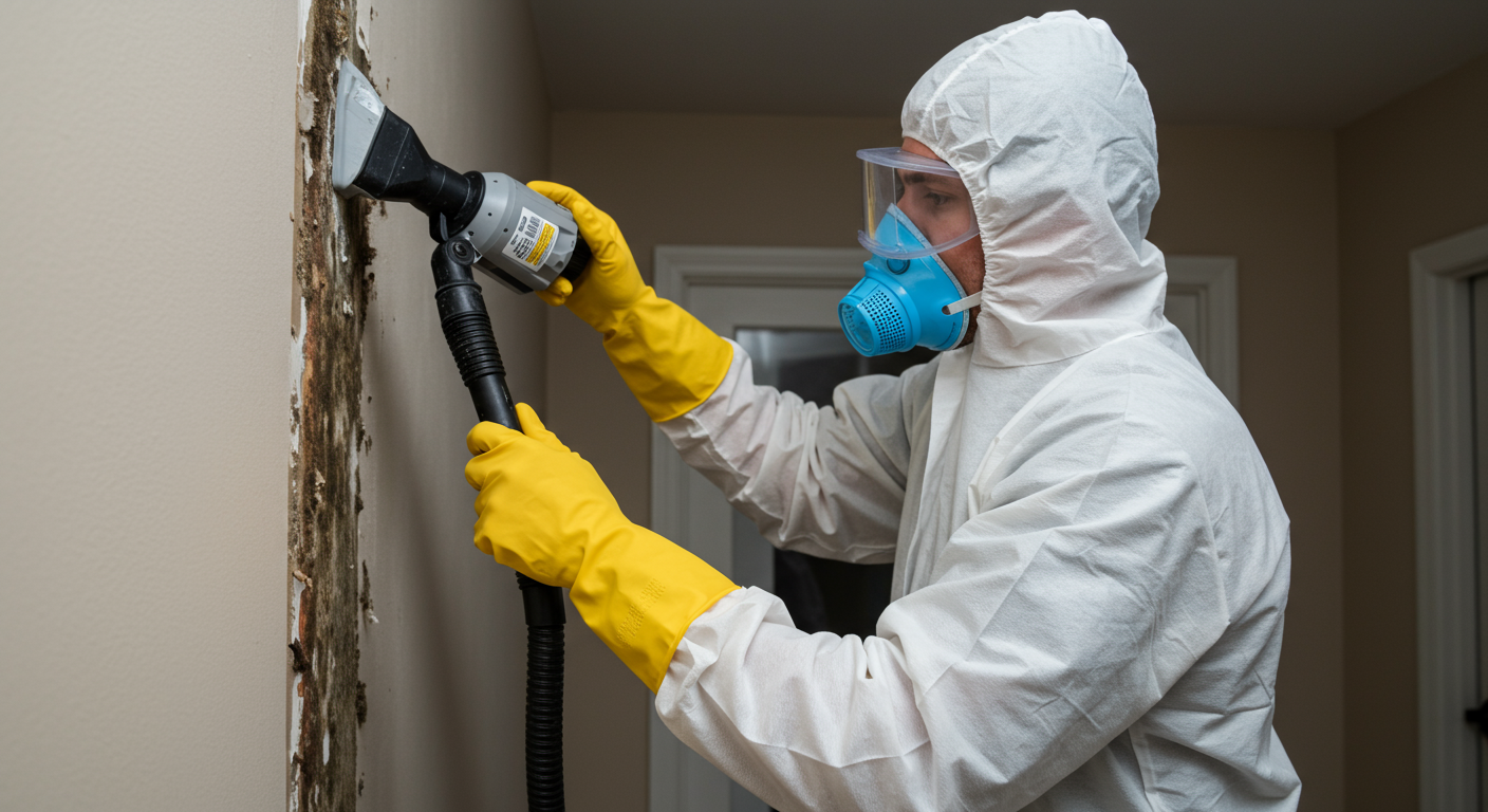 A professional mold removal technician in protective gear is actively removing mold from a residential wall. The focus is on the technician's careful actions, showcasing the process of remediation.