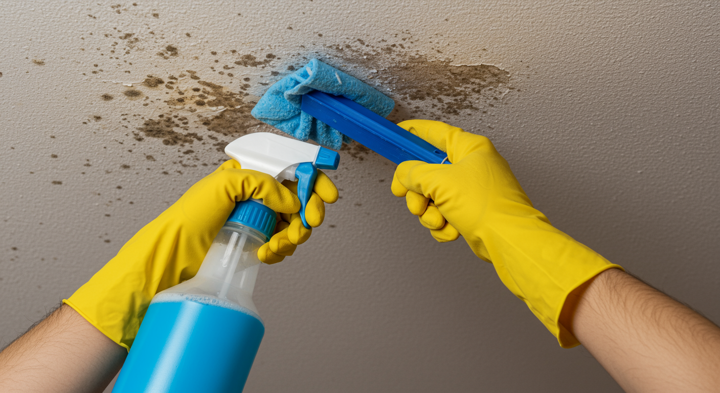 A close-up shot of a homeowner using a spray bottle filled with a mold removal solution on a ceiling with visible mold spots. The focus is on the action of cleaning, showcasing the tools and materials used.