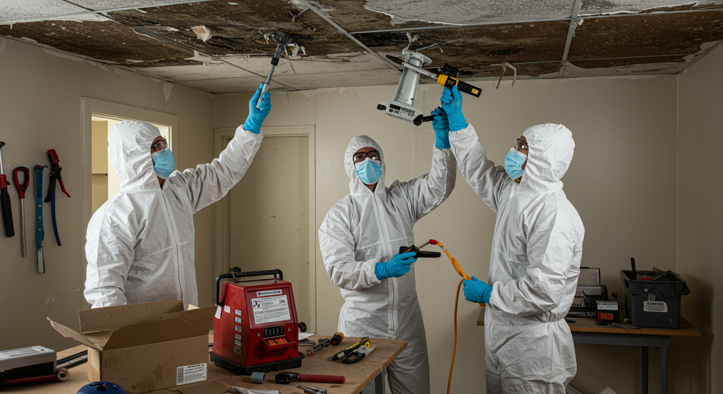A team of certified mold remediation specialists in protective gear working together to remove mold from a ceiling. The background shows a well-lit, organized workspace with tools and equipment.