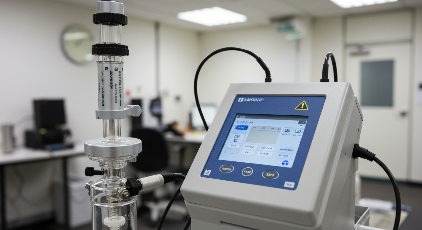 Close-up of advanced mold testing equipment set up inside a commercial property. The background features a clean, well-lit office environment, emphasizing the importance of professional testing in mold remediation.