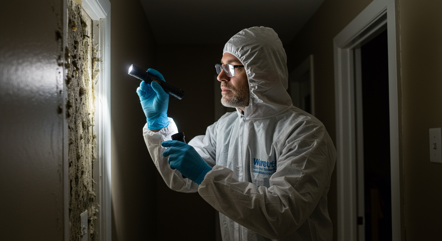 A professional mold remediation technician inspecting a home for mold. The technician is using a flashlight to examine dark corners and walls, showcasing their expertise and thoroughness.