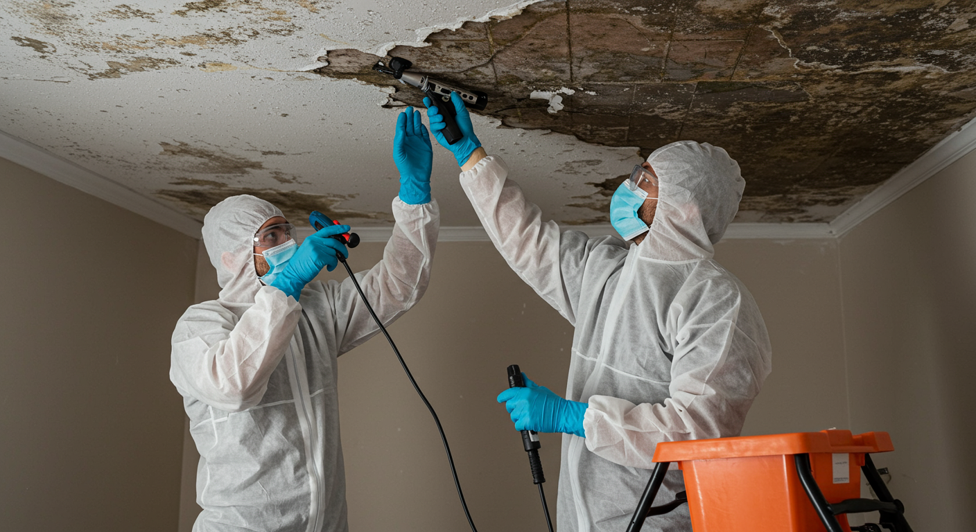 A professional mold remediation team in action, wearing protective gear while removing mold from a ceiling. Tools and equipment are visible, highlighting the professional approach to mold removal.