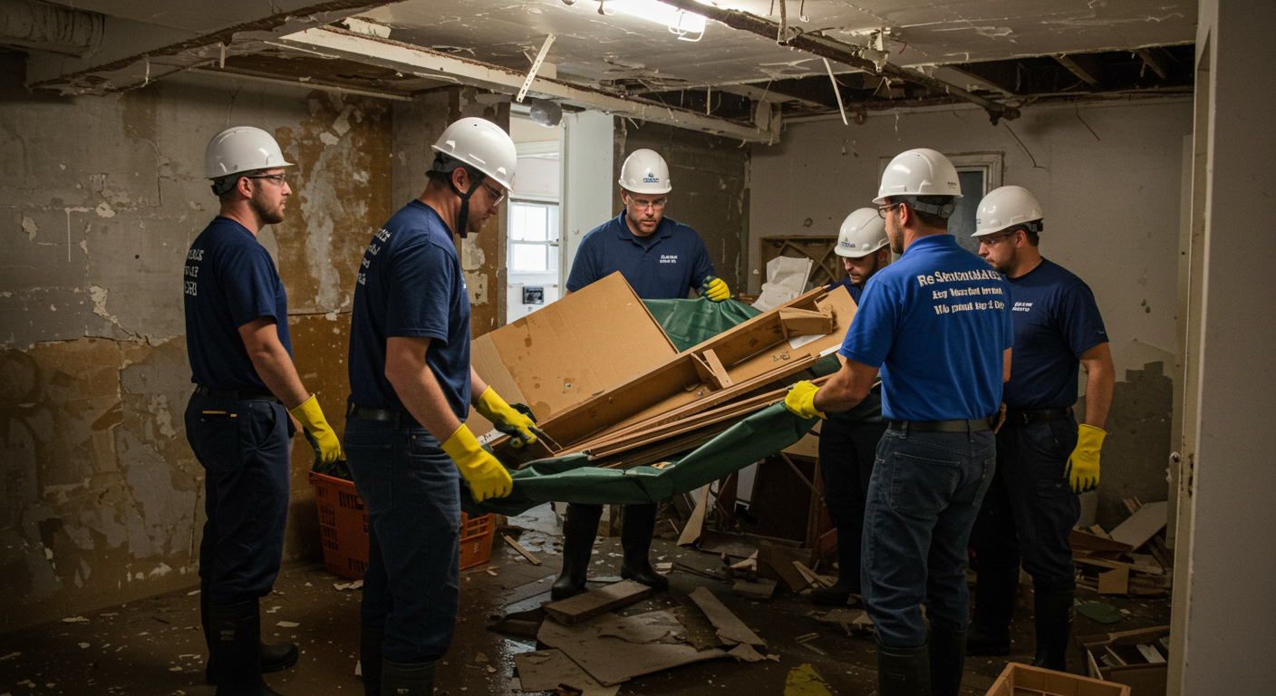 A team of restoration professionals working together to remove damaged materials from a flooded basement. The image captures teamwork and the urgency of the situation.