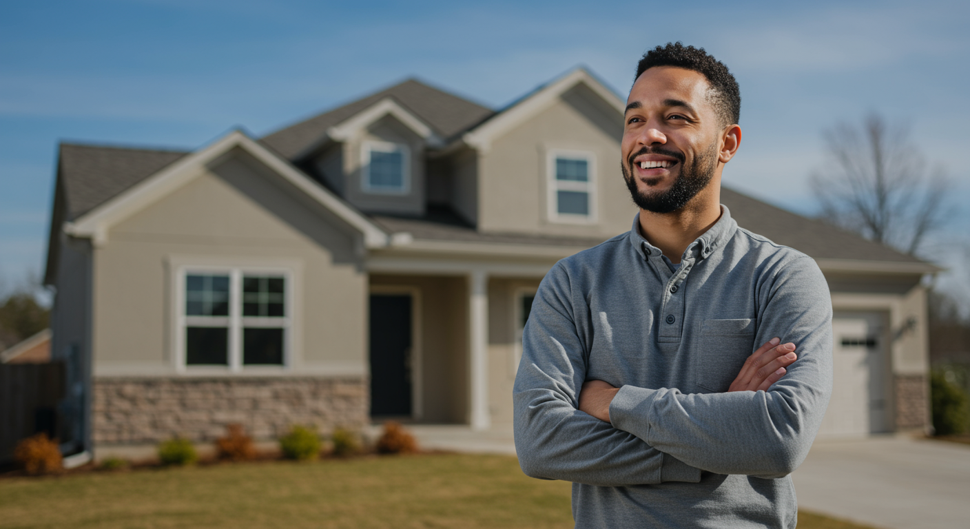 A satisfied homeowner standing in front of their restored home, expressing relief and gratitude after flood repair services.